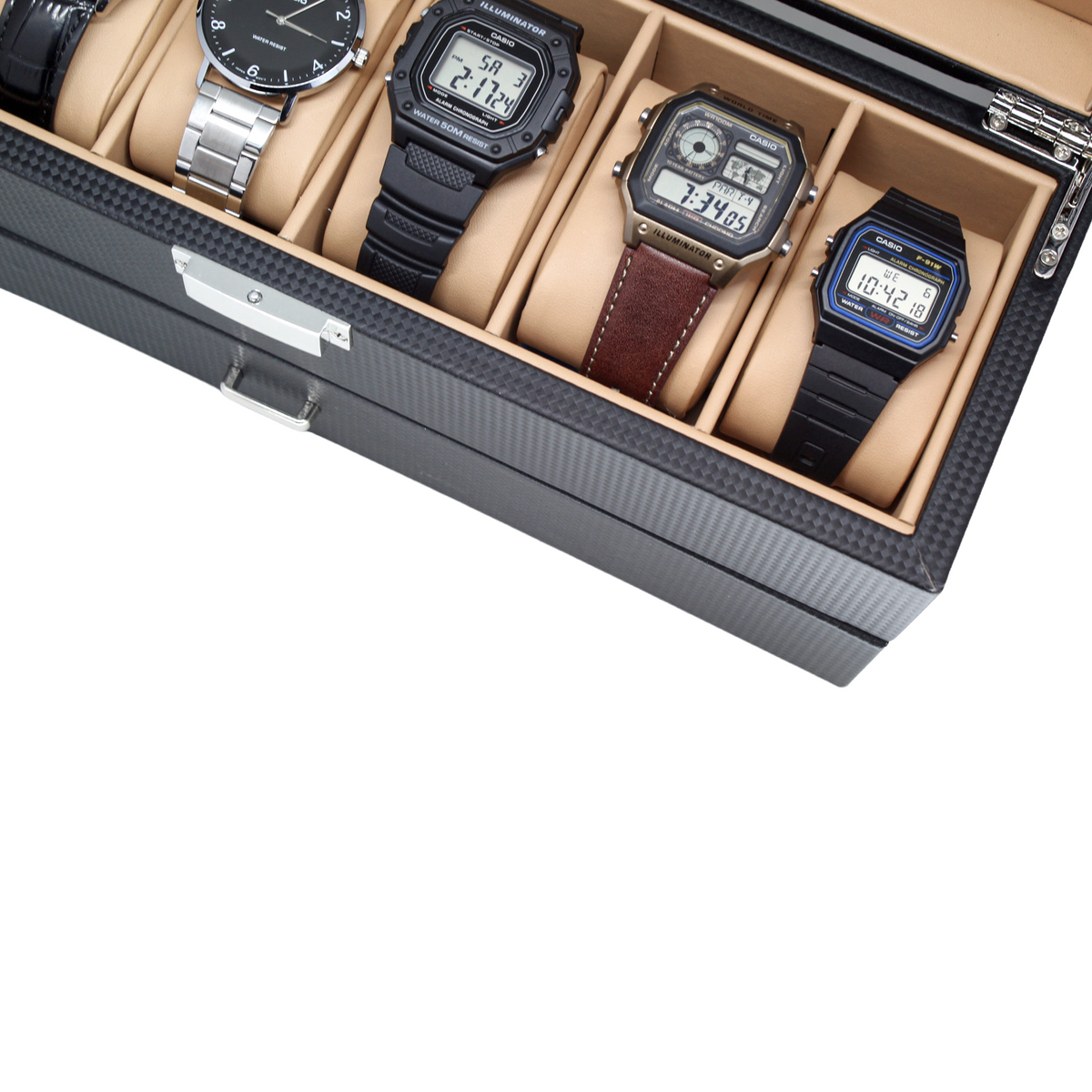 Organizador de Relojes y Joyero Negro con Interiores Crema