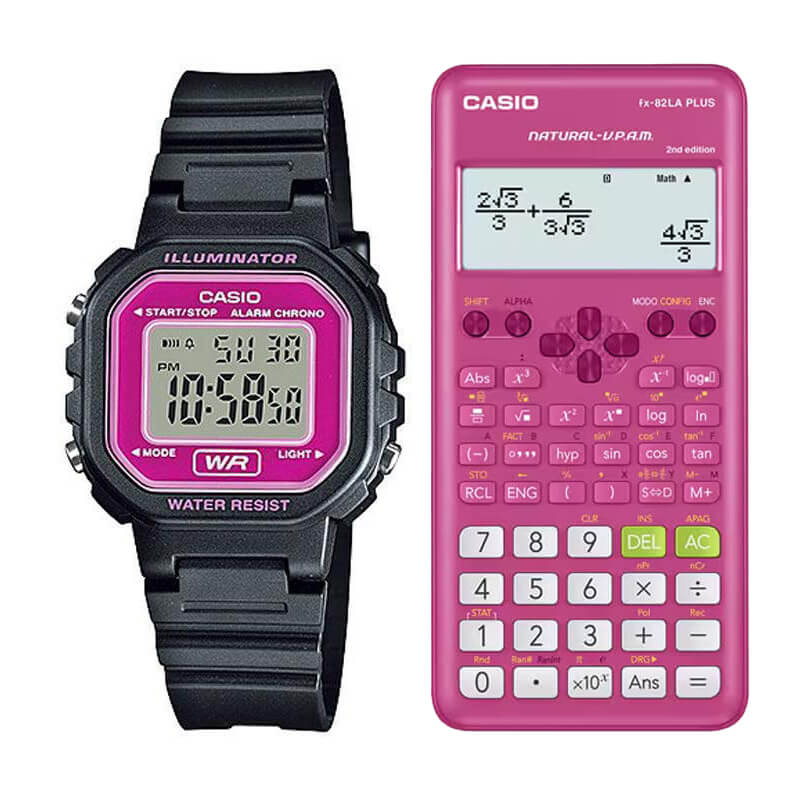 Pack Casio Mujer Vuelta a Clases - Calculadora + Reloj - Rosado Oscuro