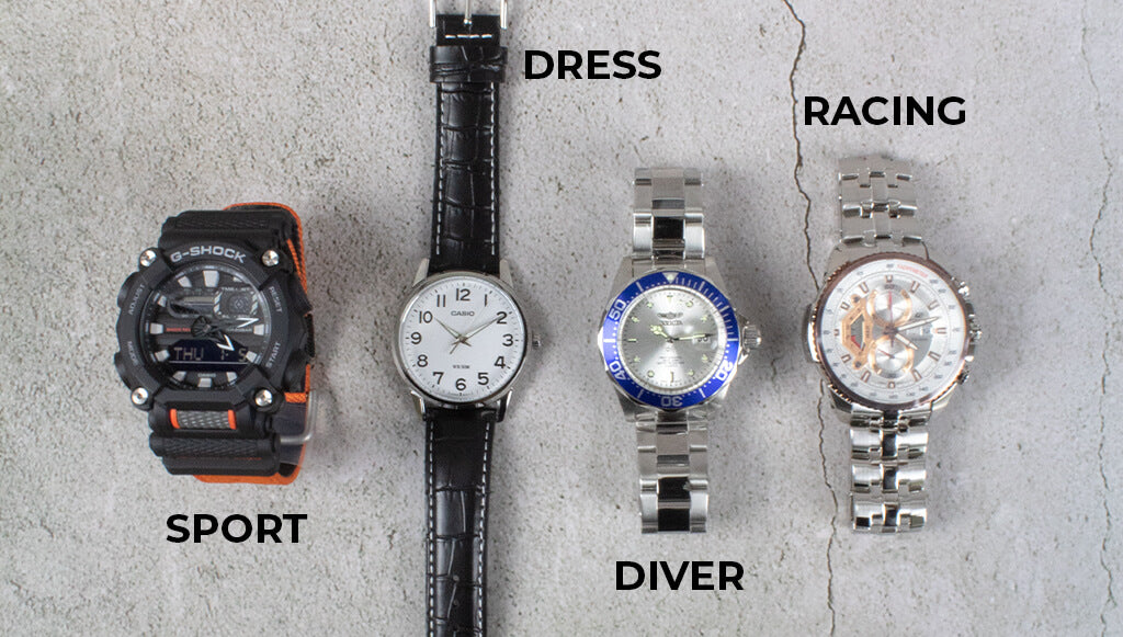 5 estilos de relojes de hombres que debes conocer: Relojes de vestir, relojes racing, relojes de buceo, relojes de piloto, reloj sport 