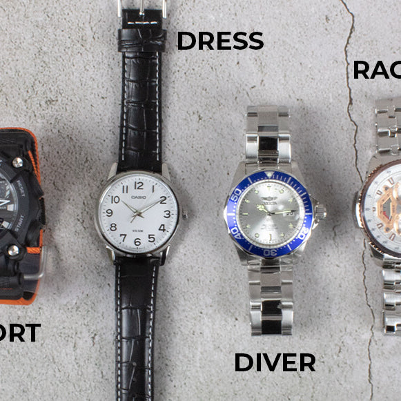 5 estilos de relojes de hombres que debes conocer: Relojes de vestir, relojes racing, relojes de buceo, relojes de piloto, reloj sport 