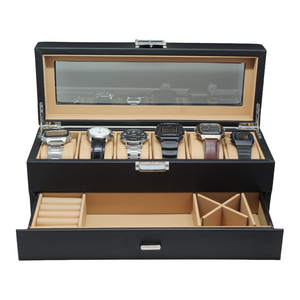 Organizador de Relojes y Joyero Negro con Interiores Crema