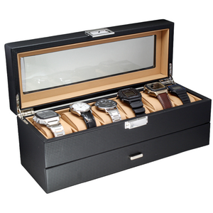 Organizador de Relojes y Joyero Negro con Interiores Crema