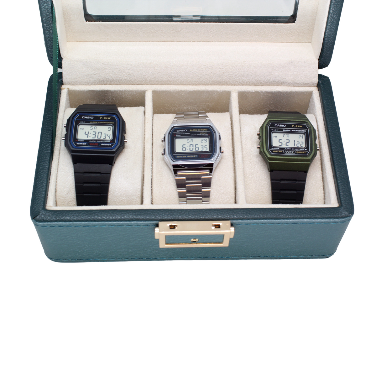 Organizador de 3 Relojes Verde con Interiores Beige