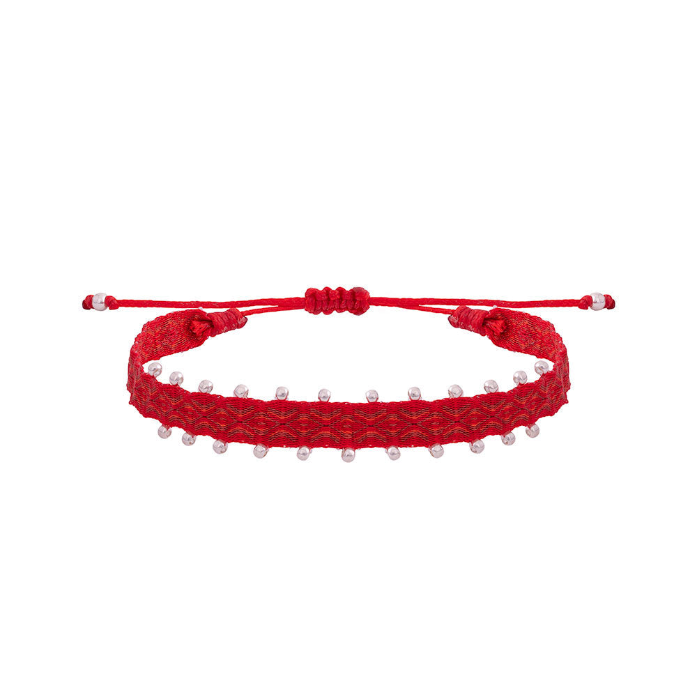 Pulsera Telar Ancha Roja con Mostacillas de Plata al Lado