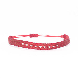 Pulsera Telar Ancha Roja con Mostacillas de Plata